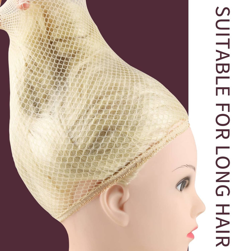 Light brown open-end mesh wig cap on mannequin head, side view