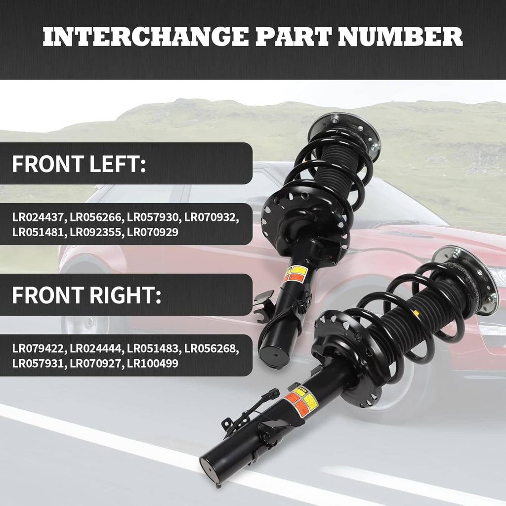Front left and right shock absorber struts with black coil springs and colored labels