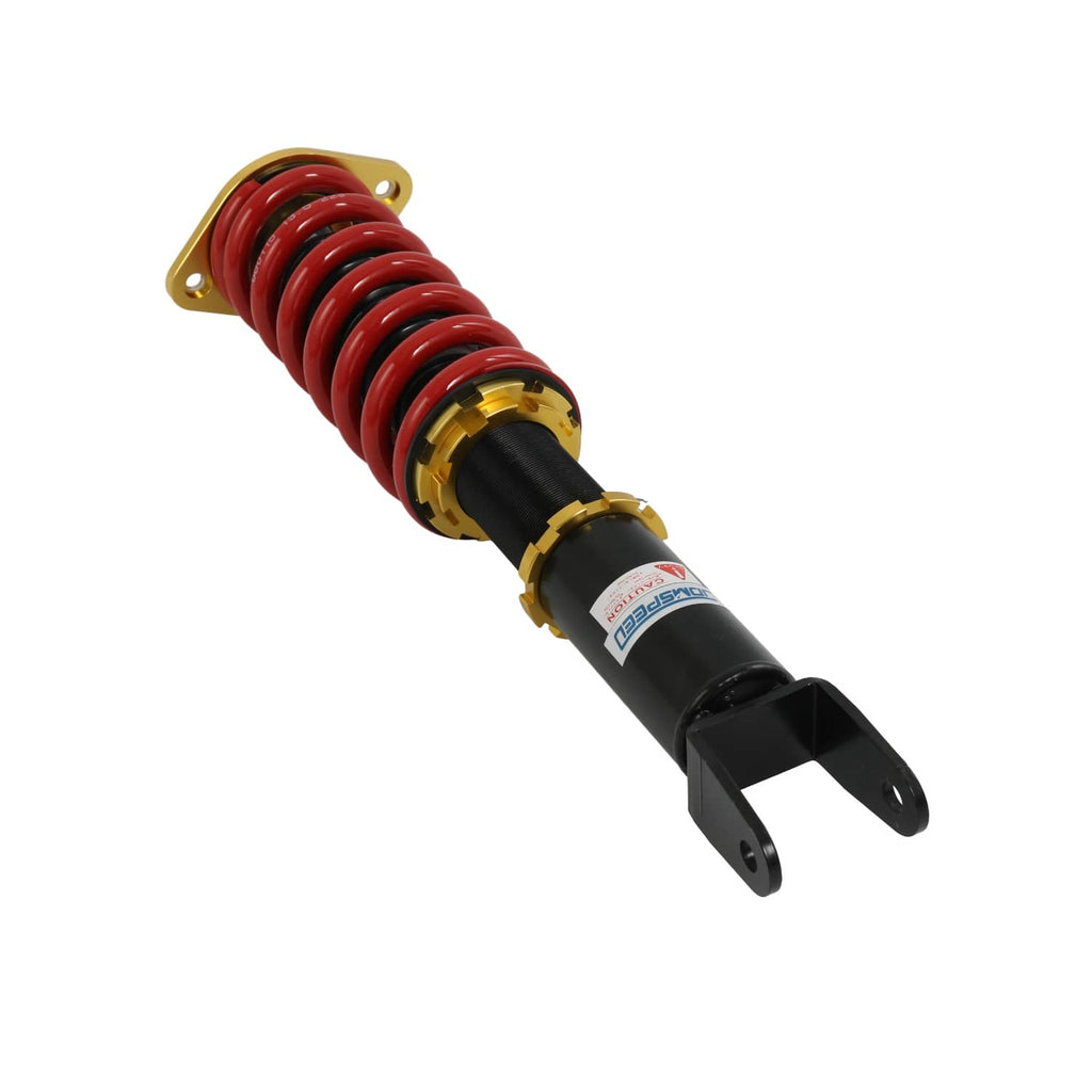 Coilover strut angled view with red spring, gold adjuster, and black lower bracket