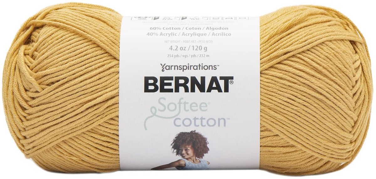 Bernat Softee cotton yarn skein, light mustard yellow 120g ball with label