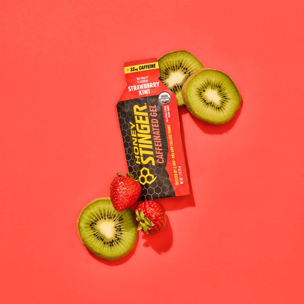 Strawberry Kiwi caffeinated energy gel pouch with kiwi and strawberry fruit