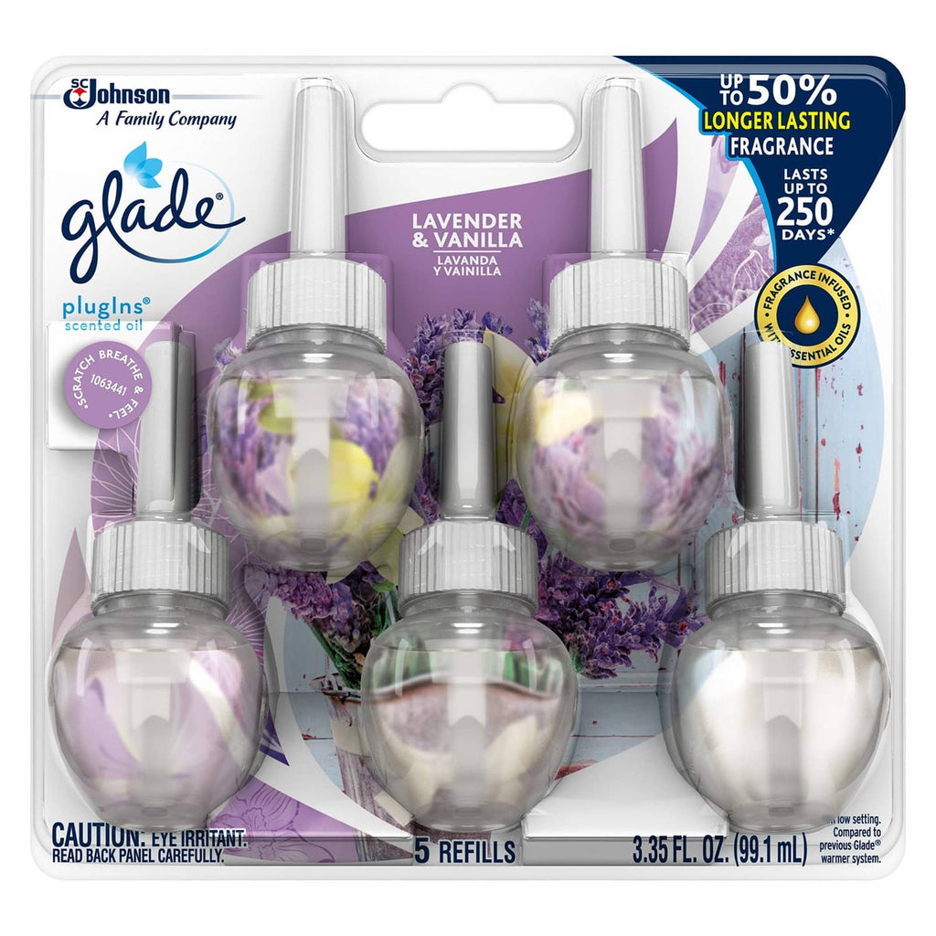 Set of 5 clear scented oil refill bottles, lavender & vanilla fragrance