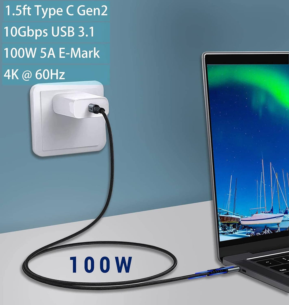 USB-C to USB-C cable with black braided body and silver 100W/5A E-mark connector ends