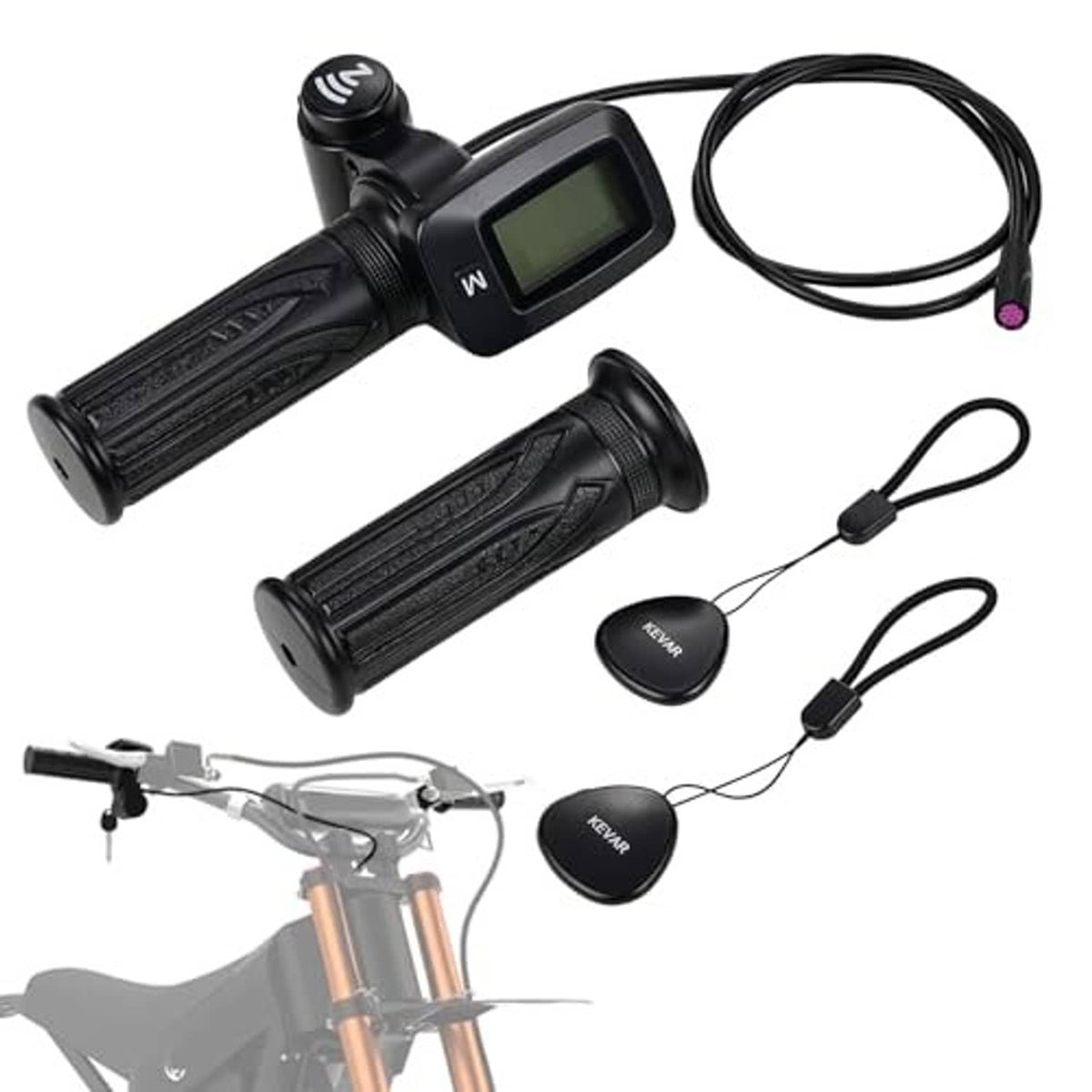 E-bike throttle set with LCD screen, black handle grips, and wired NFC cards/buttons