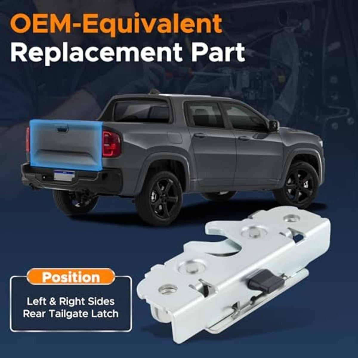 Rear tailgate latch replacement, light gray bracket with teal release clip