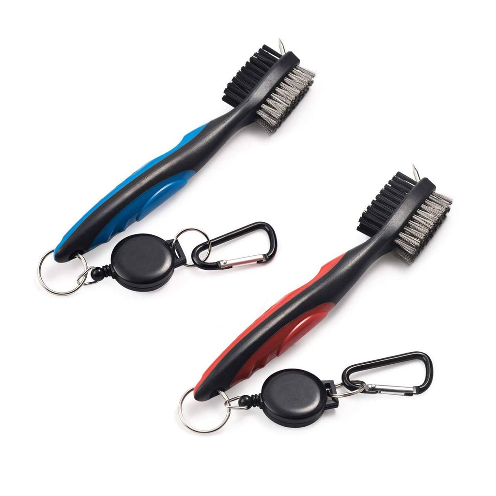 Golf club groove cleaner brush set, black handles with blue and red accents, 2-pack