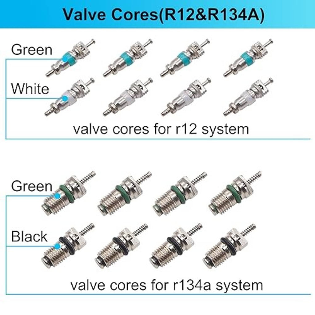 Assorted AC valve cores showing green and black rubber ring colors