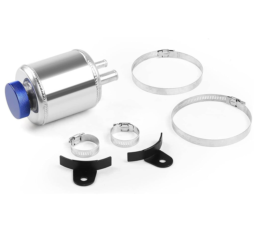 Aluminum power steering fluid reservoir tank with blue cap and metal mounting clamps