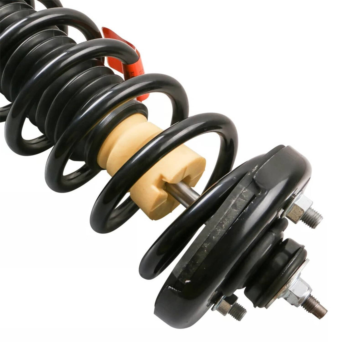 Auto shock strut set with black coil springs, orange seal, and mounting bolts