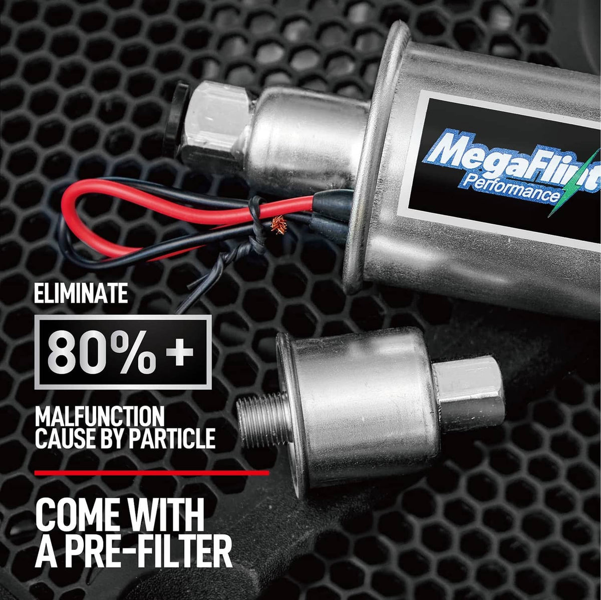 Inline fuel pump with red power wires and pre-filter bracket detail