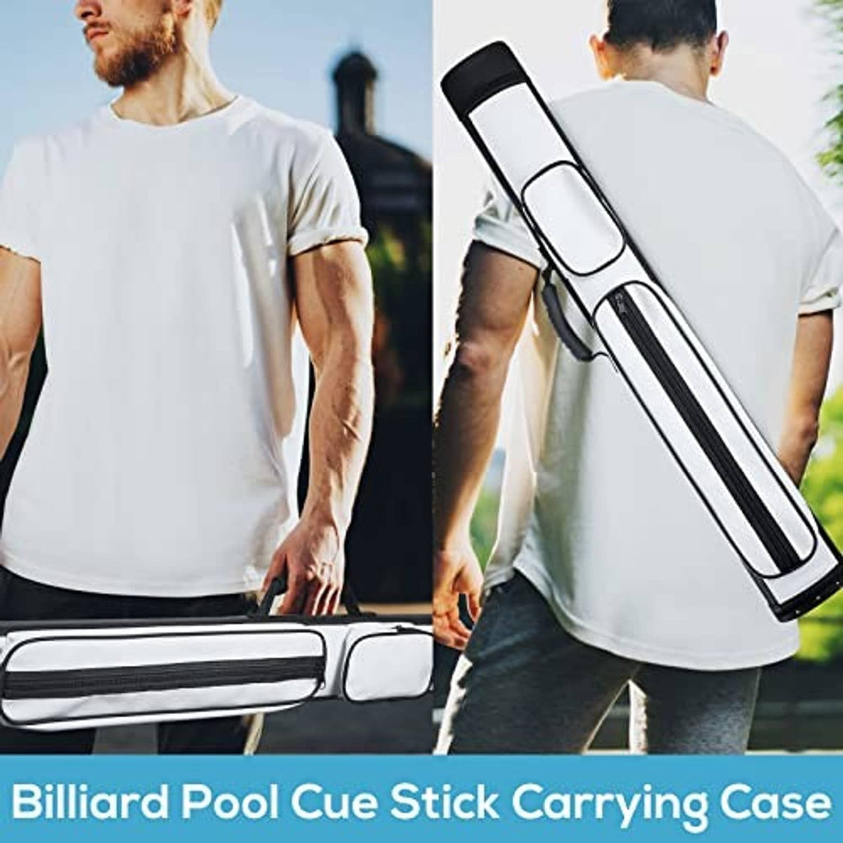 Hard oval pool cue case carried by a person with shoulder strap over one side