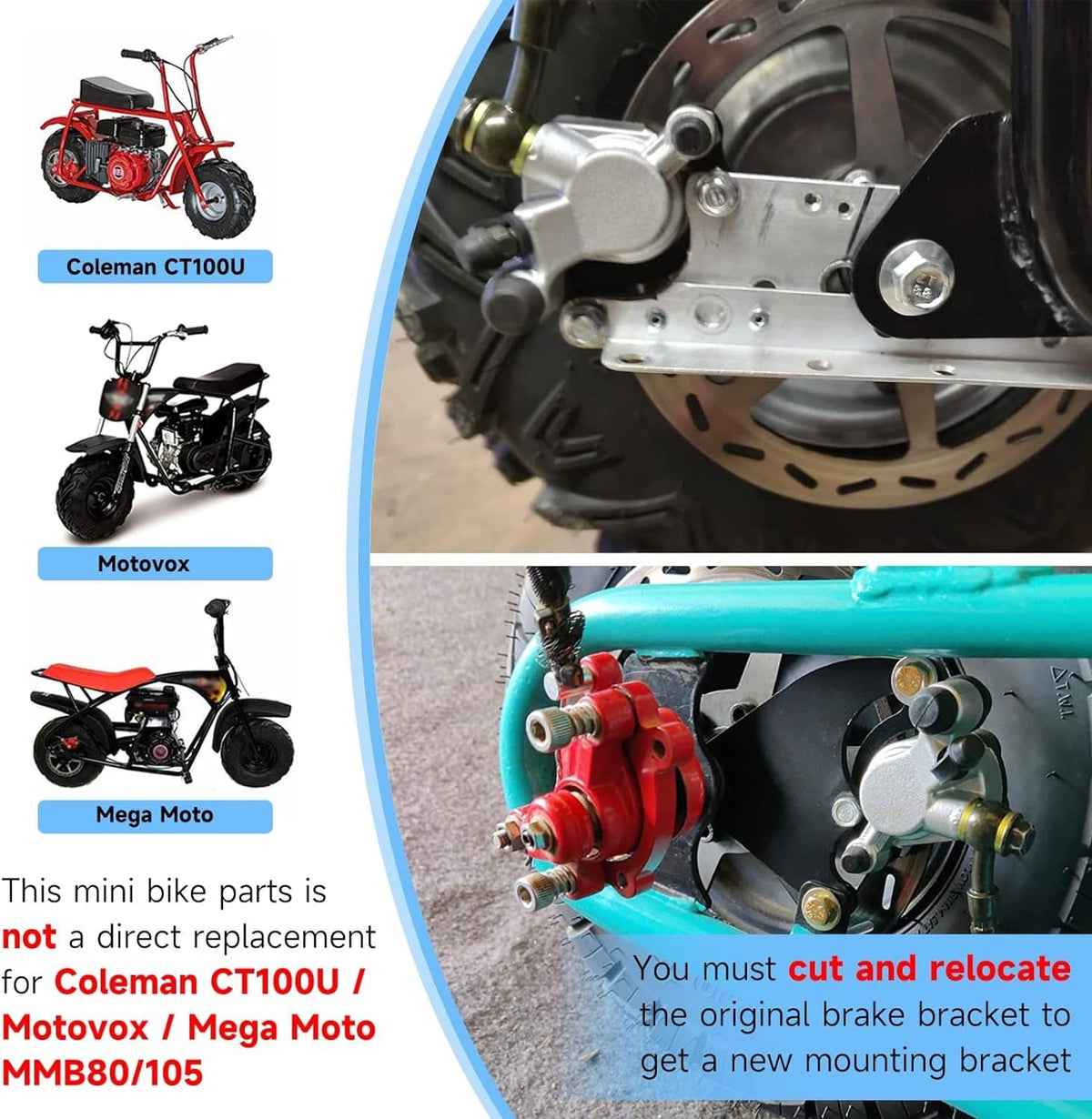 Mini bike hydraulic disc brake caliper with red mounting bracket and vented rotor