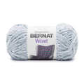 Bernat Velvet yarn skein in light blue with label on a double-bundle view