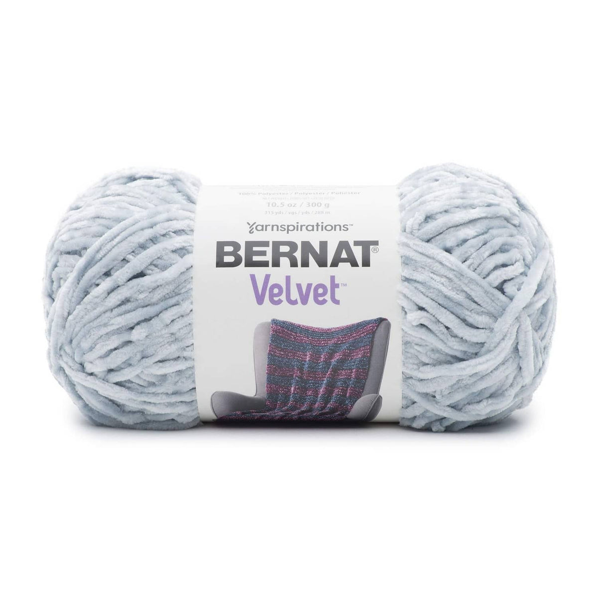 Bernat Velvet yarn skein in light blue with label on a double-bundle view