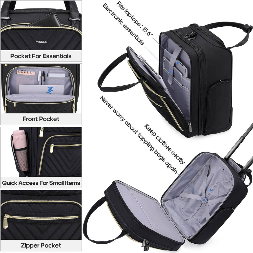 Black carry-on suitcase with open interior compartments and crossbody strap
