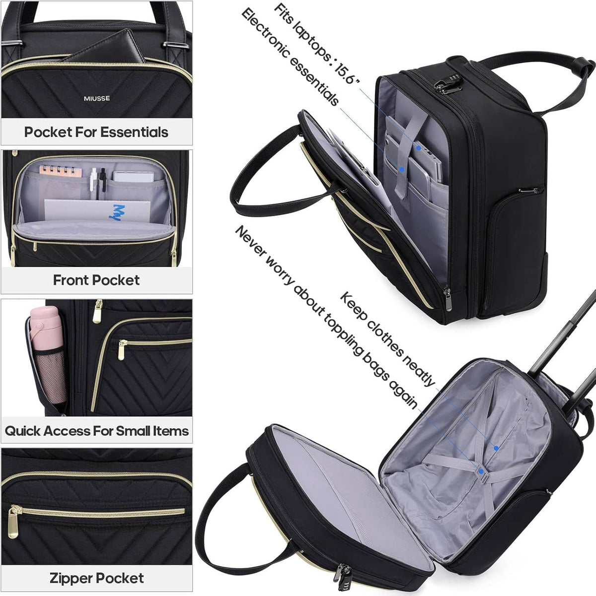 Black carry-on suitcase with open interior compartments and crossbody strap