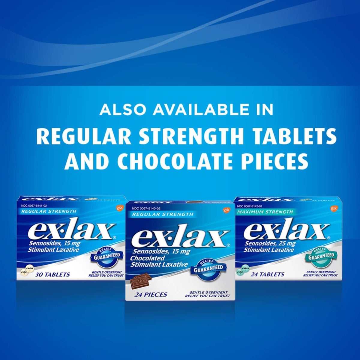 Ex-Lax lineup graphic showing regular strength tablets and chocolate pieces