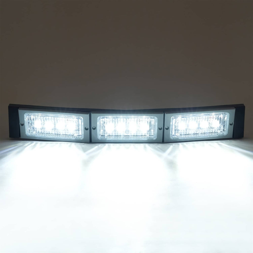 Front view of illuminated 3-LED headlight light bar with three rectangular lenses