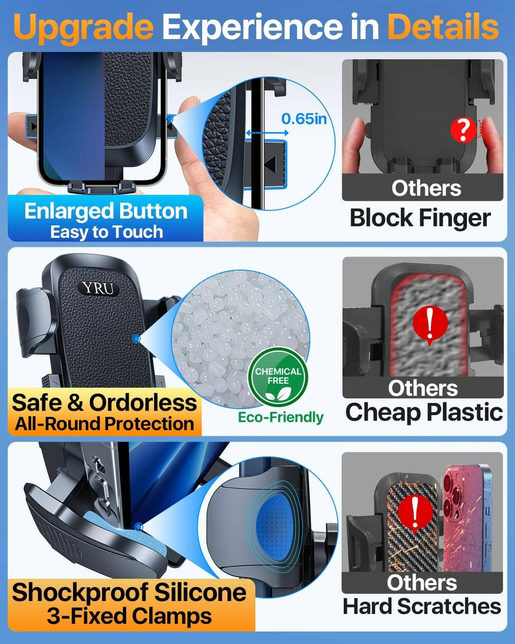 Detailed black phone holder mount with textured pad, enlarged button, and silicone clamps