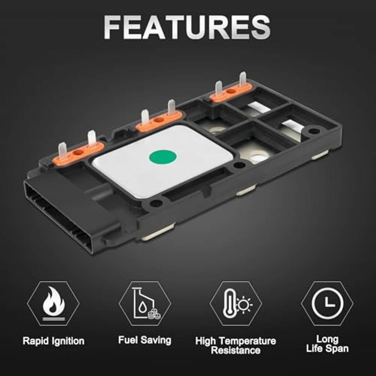Ignition control module features view with orange posts, white cover, and green dot