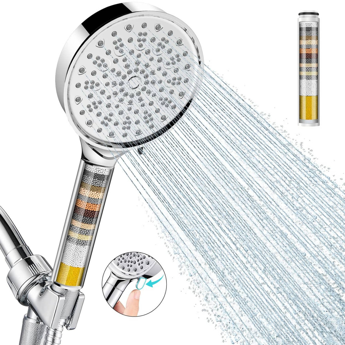 Chrome handheld shower head with multi-spray face and attached filter cartridge