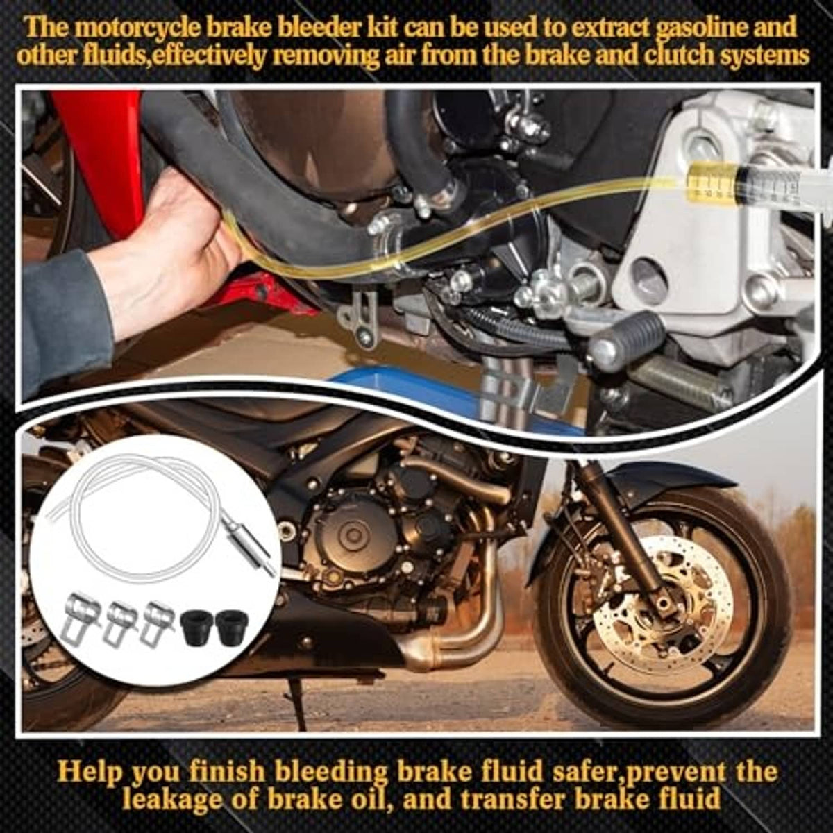 Brake bleeding kit connected to motorcycle brake system with syringe and hose line