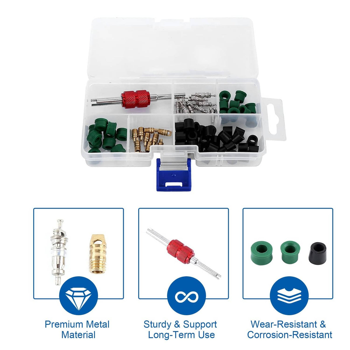 71-piece HVAC hose gasket repair kit with open clear case and mixed seal parts
