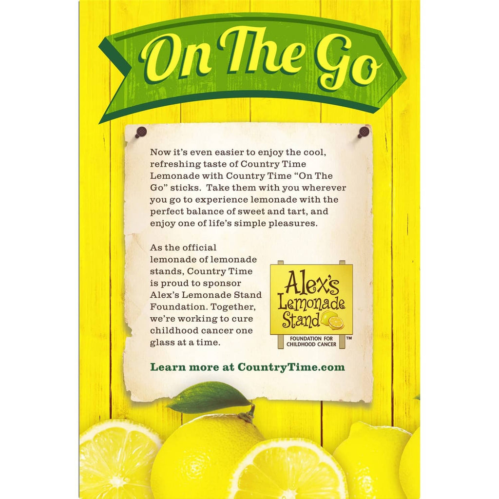 Country Time On The Go lemonade mix box with story text panel and lemon slices