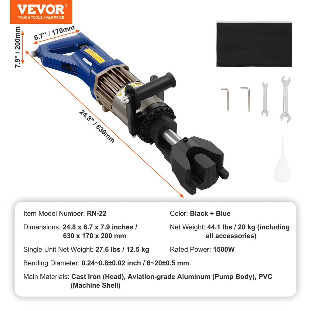 Hydraulic electric rebar bender with accessory tools and black bending sheet