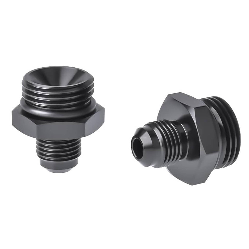Black AN ORB O-ring adapter fitting with hex body and threaded port
