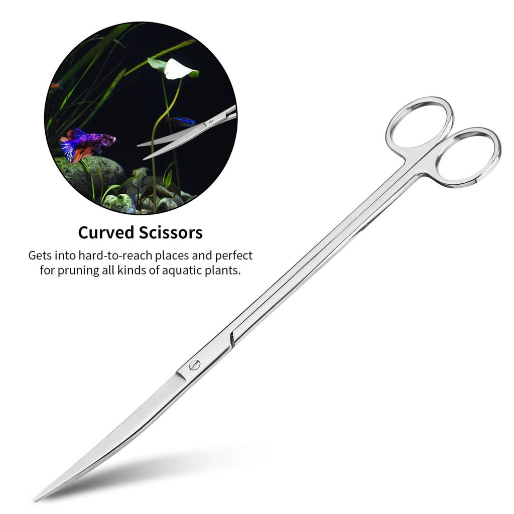 Curved metal aquascaping scissors with finger loops, silver finish