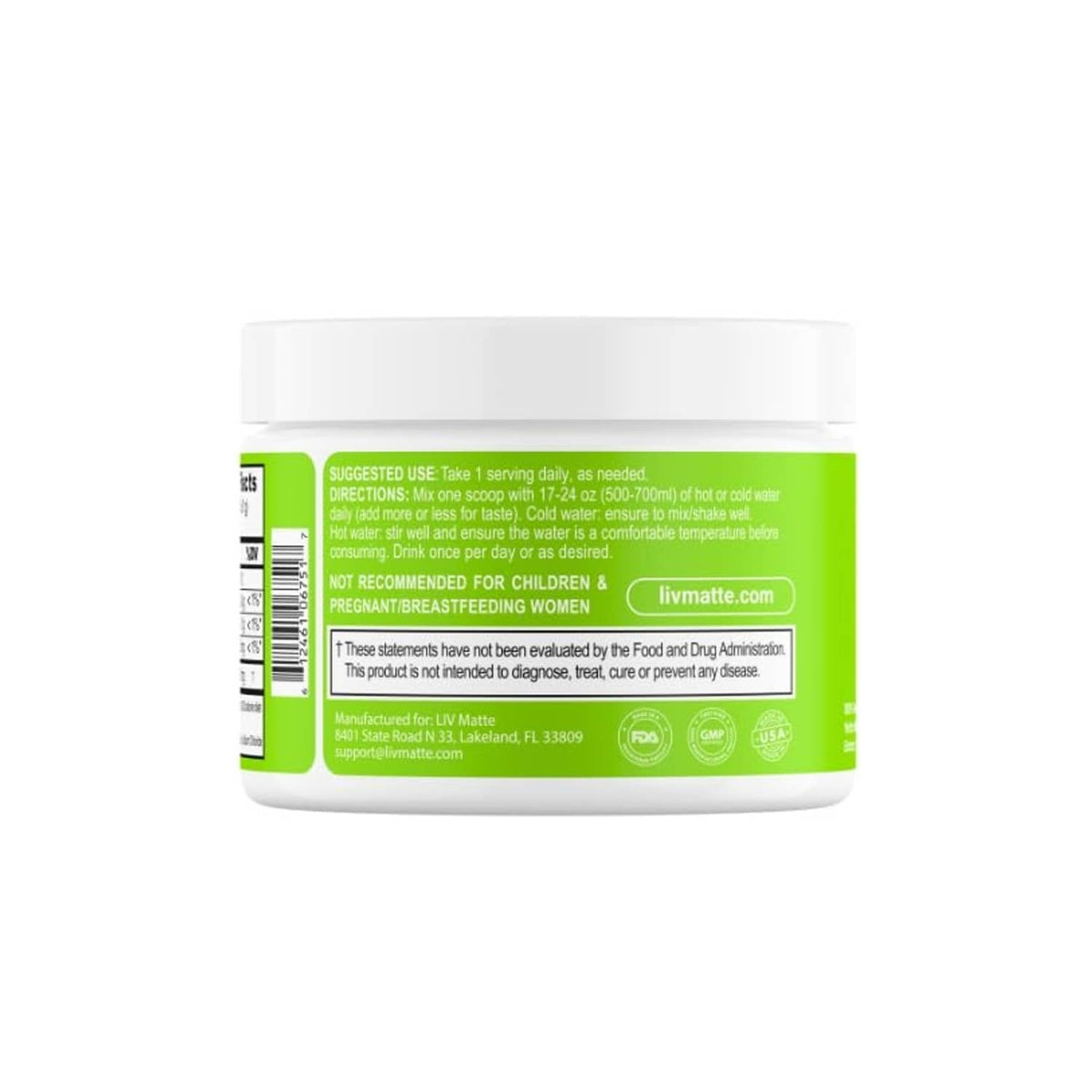 Back label with directions on green-and-white Yerba mate instant tea powder tub