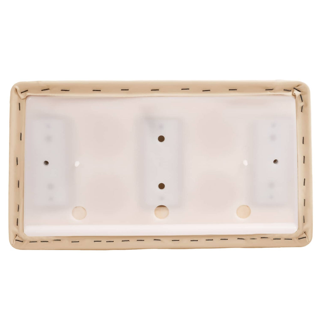 Beige cushion backrest panel underside with mounting holes and stitched edge seams