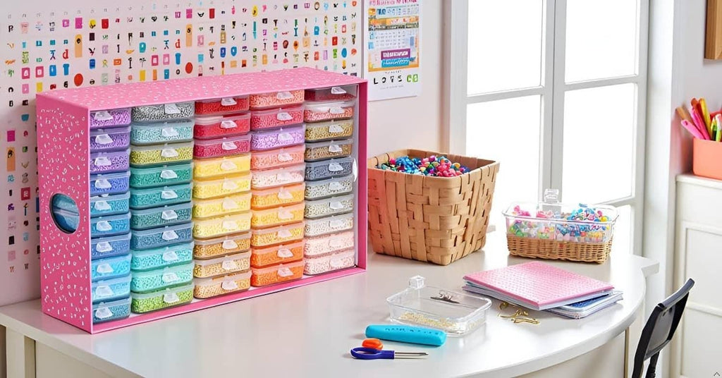 Diamond painting tray storage kit with transparent lidded containers inside a pink box on desk