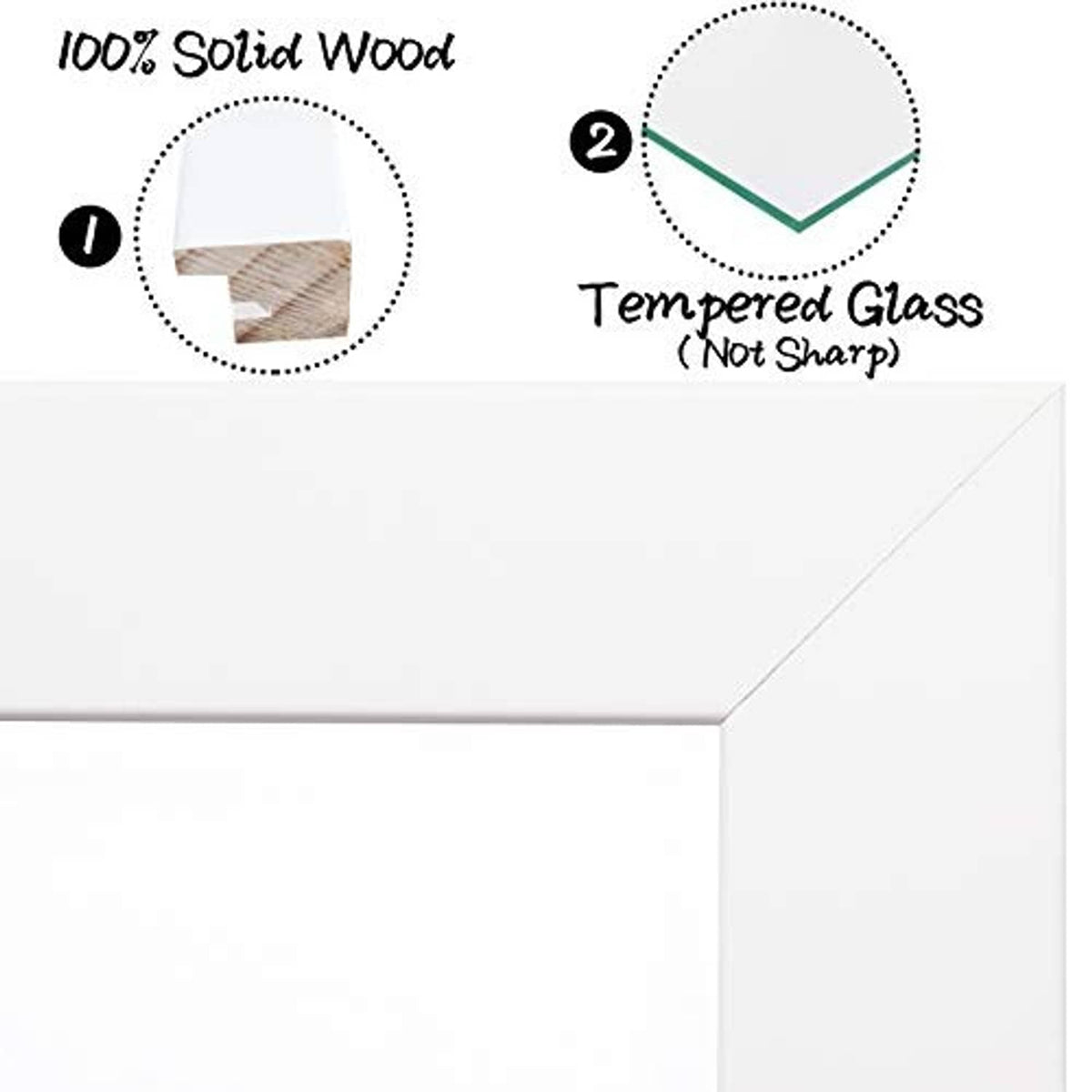White wood photo frame with tempered glass, close-up of smooth corner edge