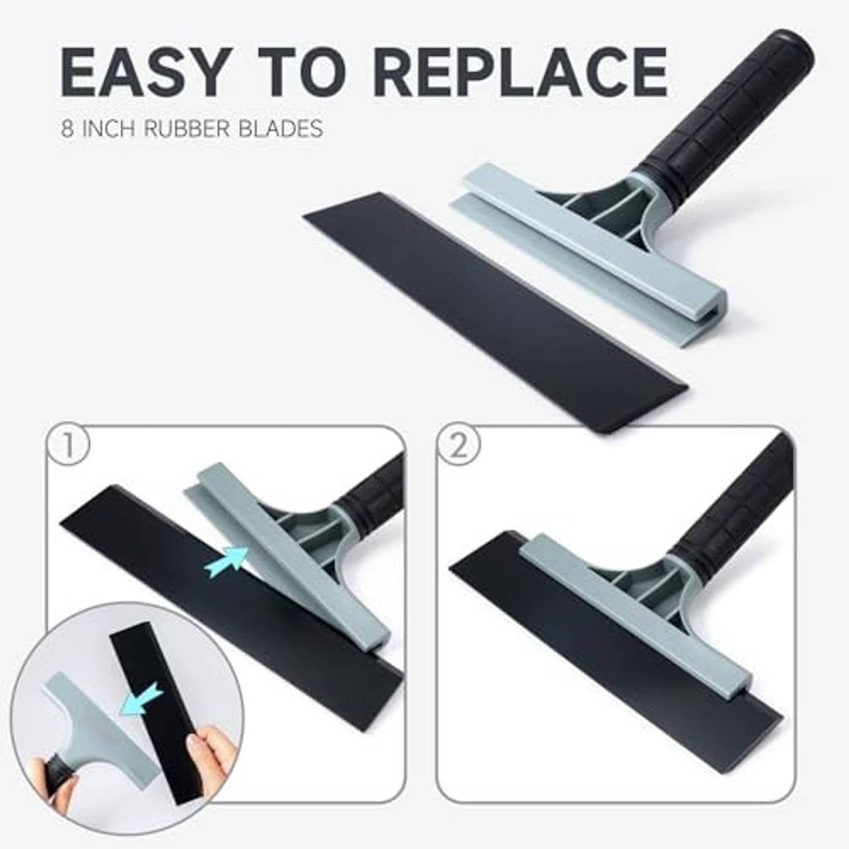 Car window squeegee kit with black handle and light-gray blade plus replacement blade