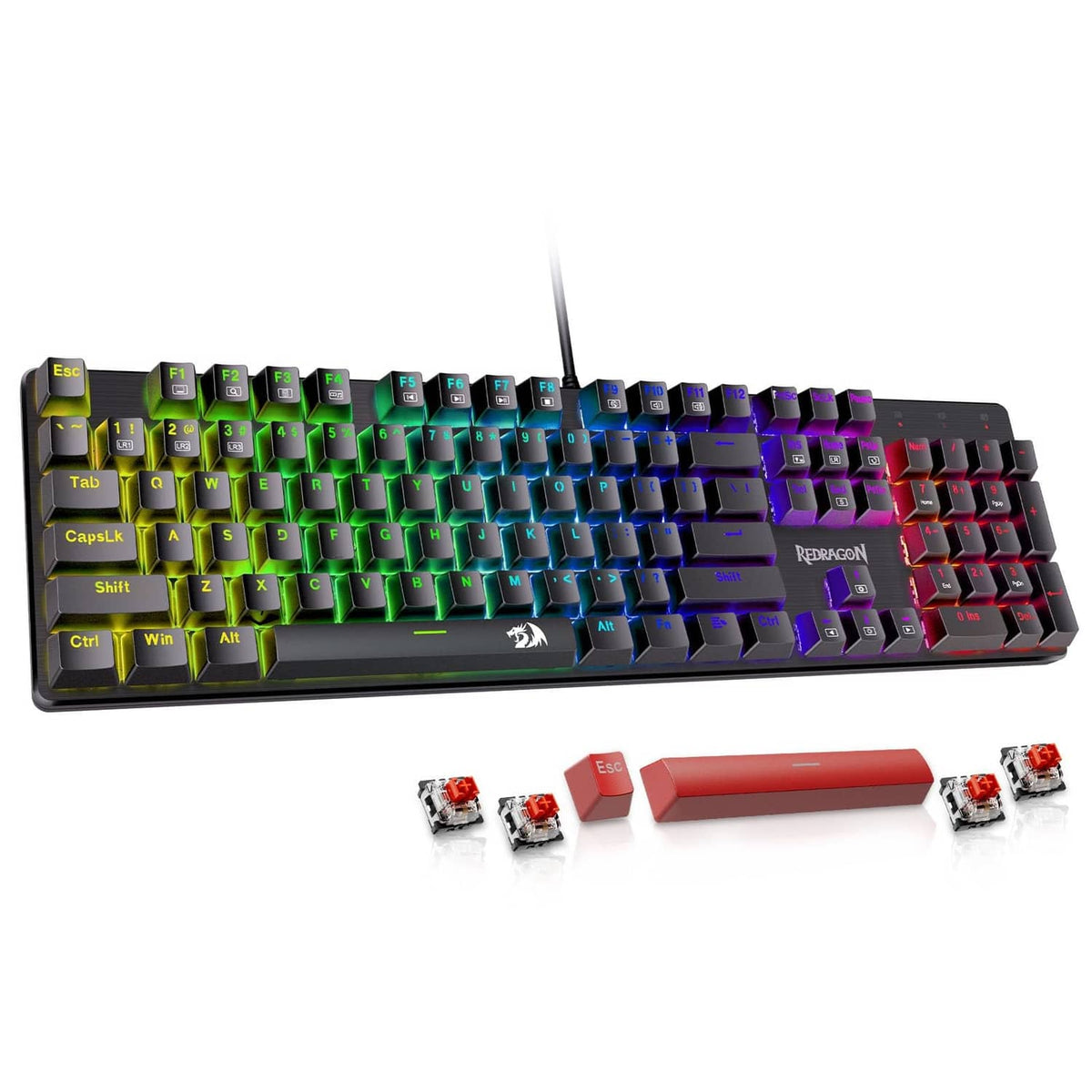 Mechanical gaming keyboard angled view with colorful RGB keycaps and number row.