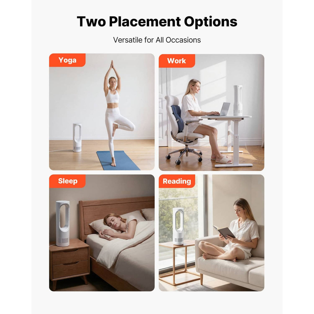 White bladeless desk fan shown in multiple home placement views