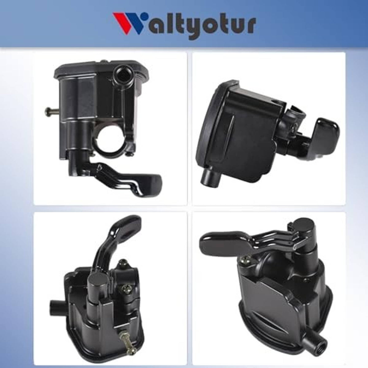 Black throttle assembly shown from multiple angles with lever and mounting hardware