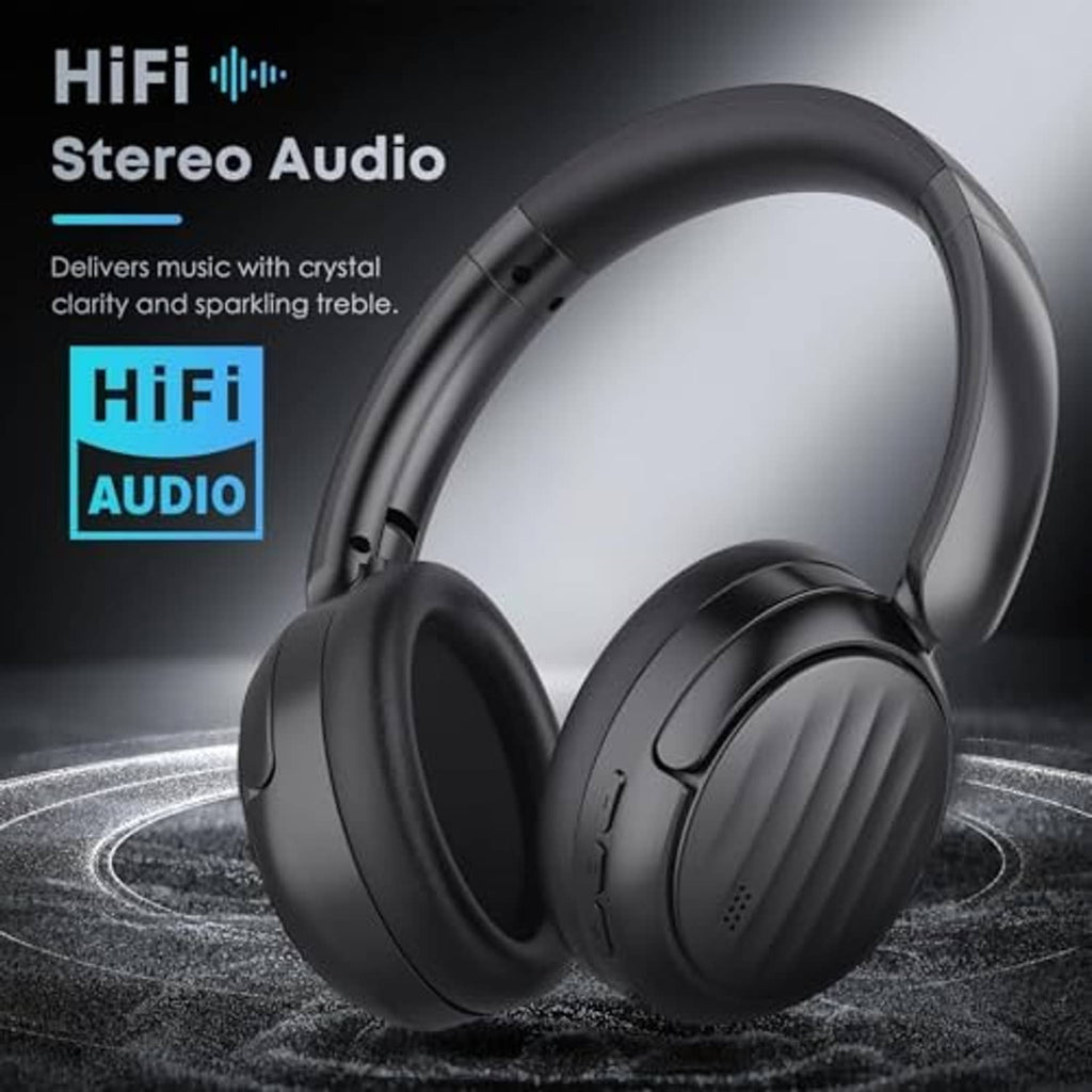Black over-ear Bluetooth headphones with cushioned ear cups and curved headband