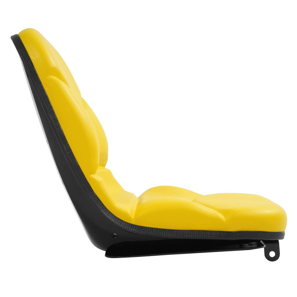 Yellow tractor seat cushion with black side bolster and mounting bracket
