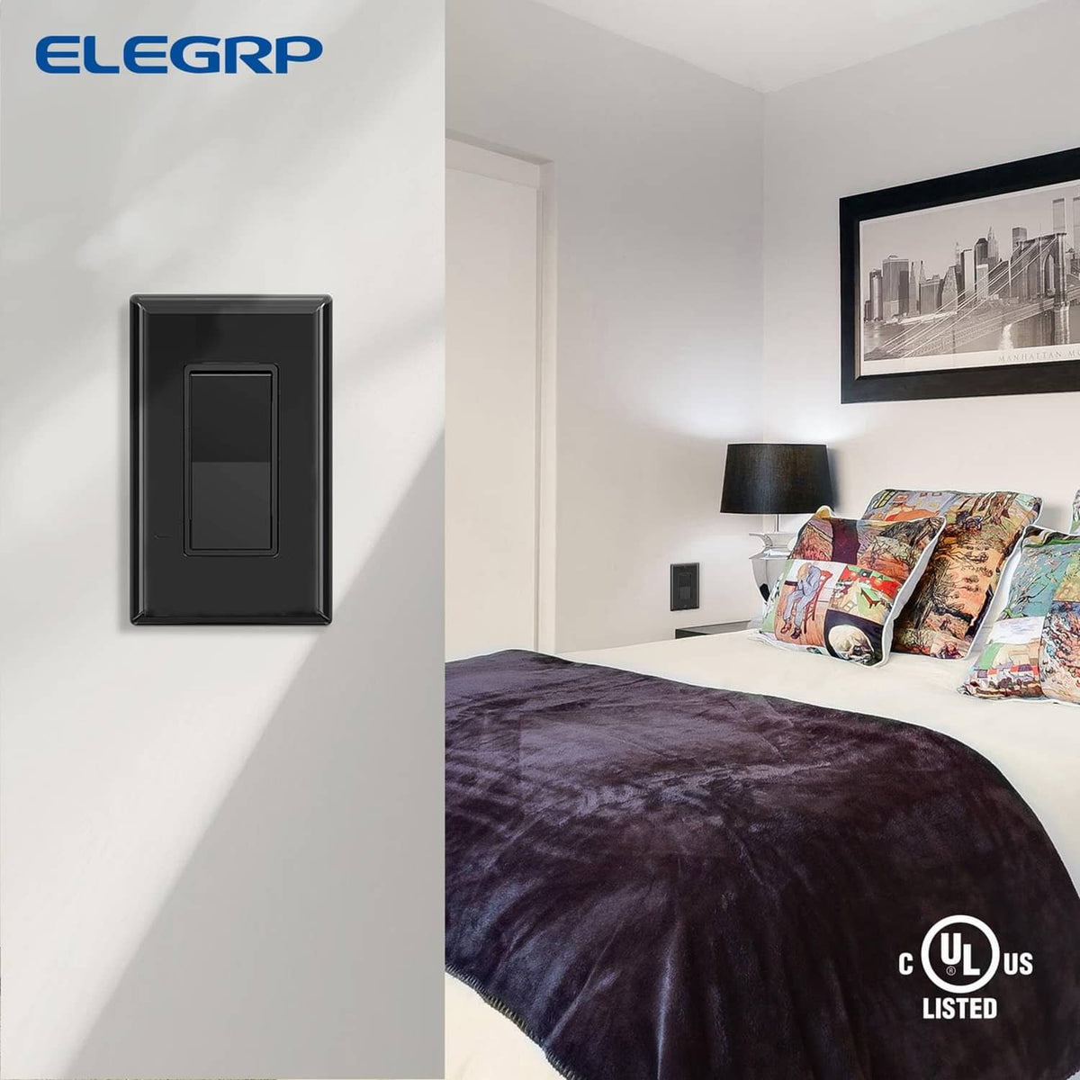 Installed glossy black single-pole wall switch with screwless rectangular faceplate
