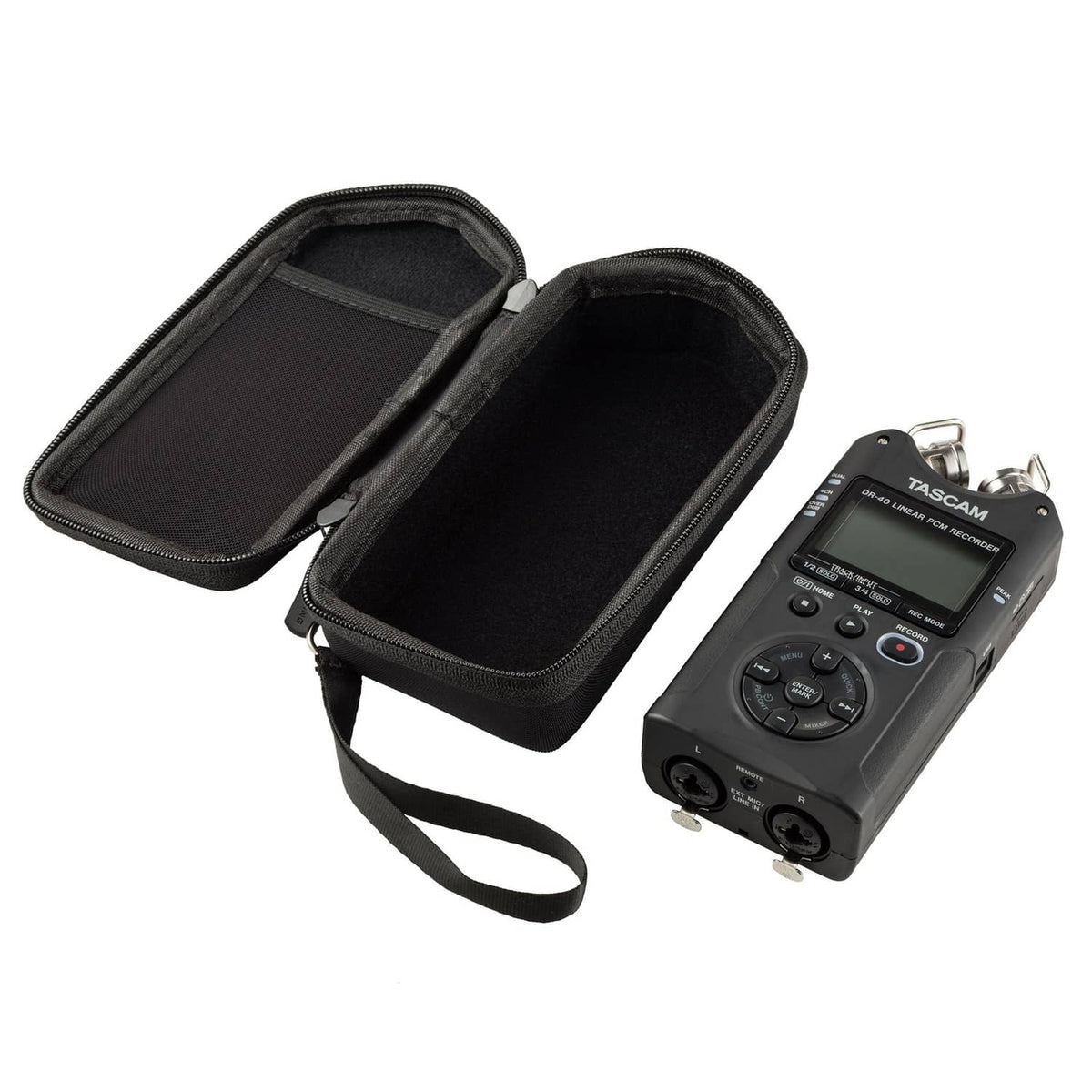 Black zip travel case with strap, digital recorder secured in protective foam
