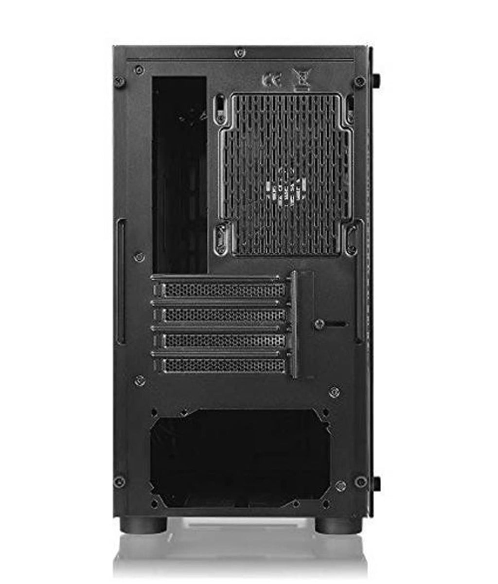 Black micro ATX PC case back panel with expansion slots and cable pass-throughs