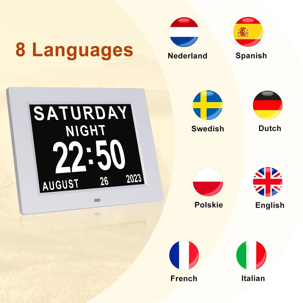 Digital dementia clock with multi-language support, SATURDAY NIGHT 22:50 display