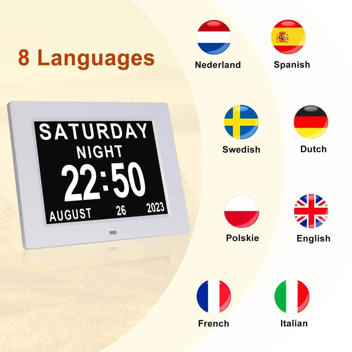 Digital dementia clock with multi-language support, SATURDAY NIGHT 22:50 display