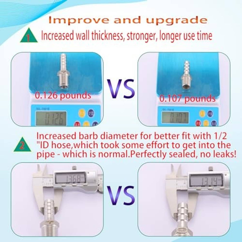 Stainless steel hose barb to male NPT fitting shown in an upgrade comparison graphic