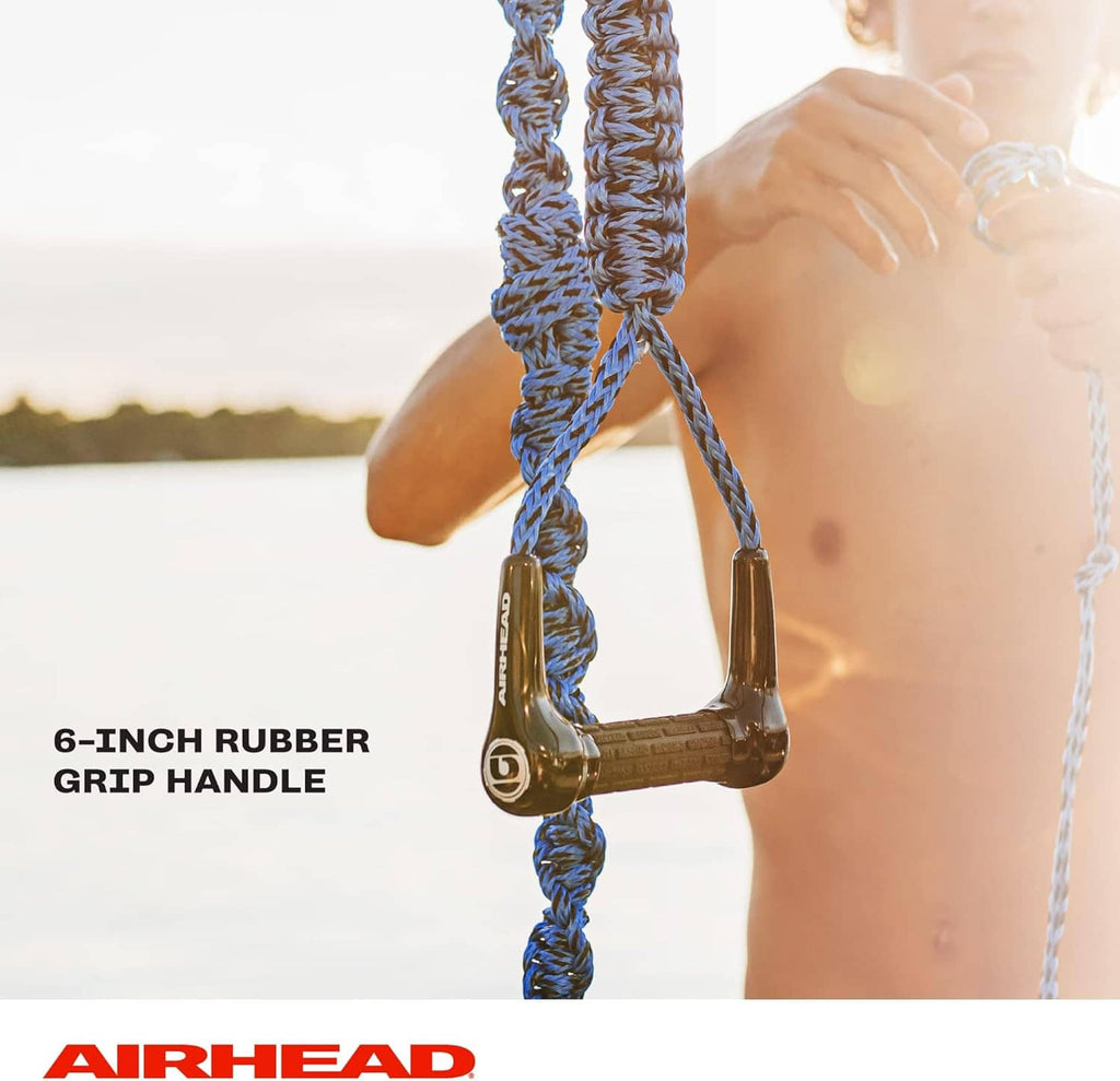 Blue braided wakesurf rope with black rubber grip handle