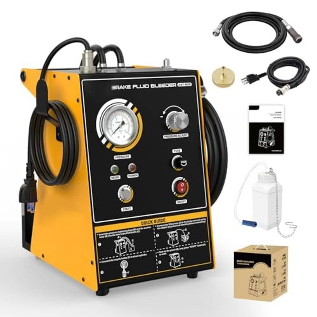Electric brake fluid bleeder machine with front control panel and included hoses set