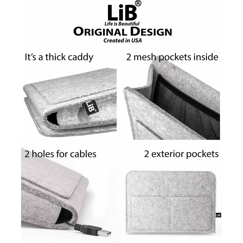 Light gray felt bedside storage caddy with cable holes and interior mesh pockets